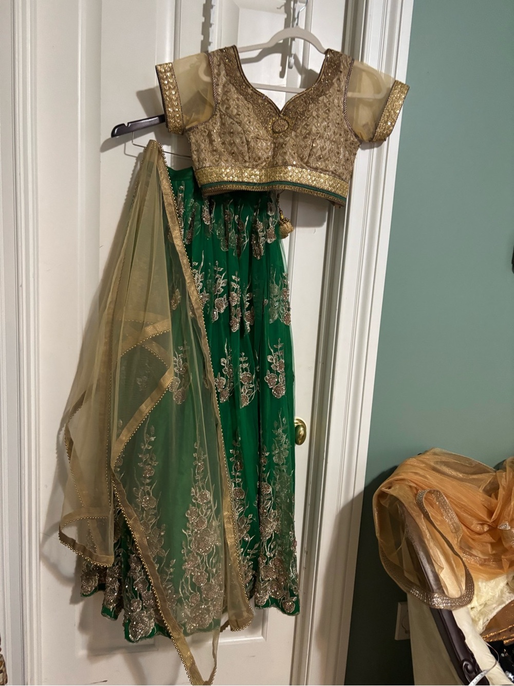 Embellished Green & Gold 3piece  Lehenga Skirt blouse and Dupetta. New Medium